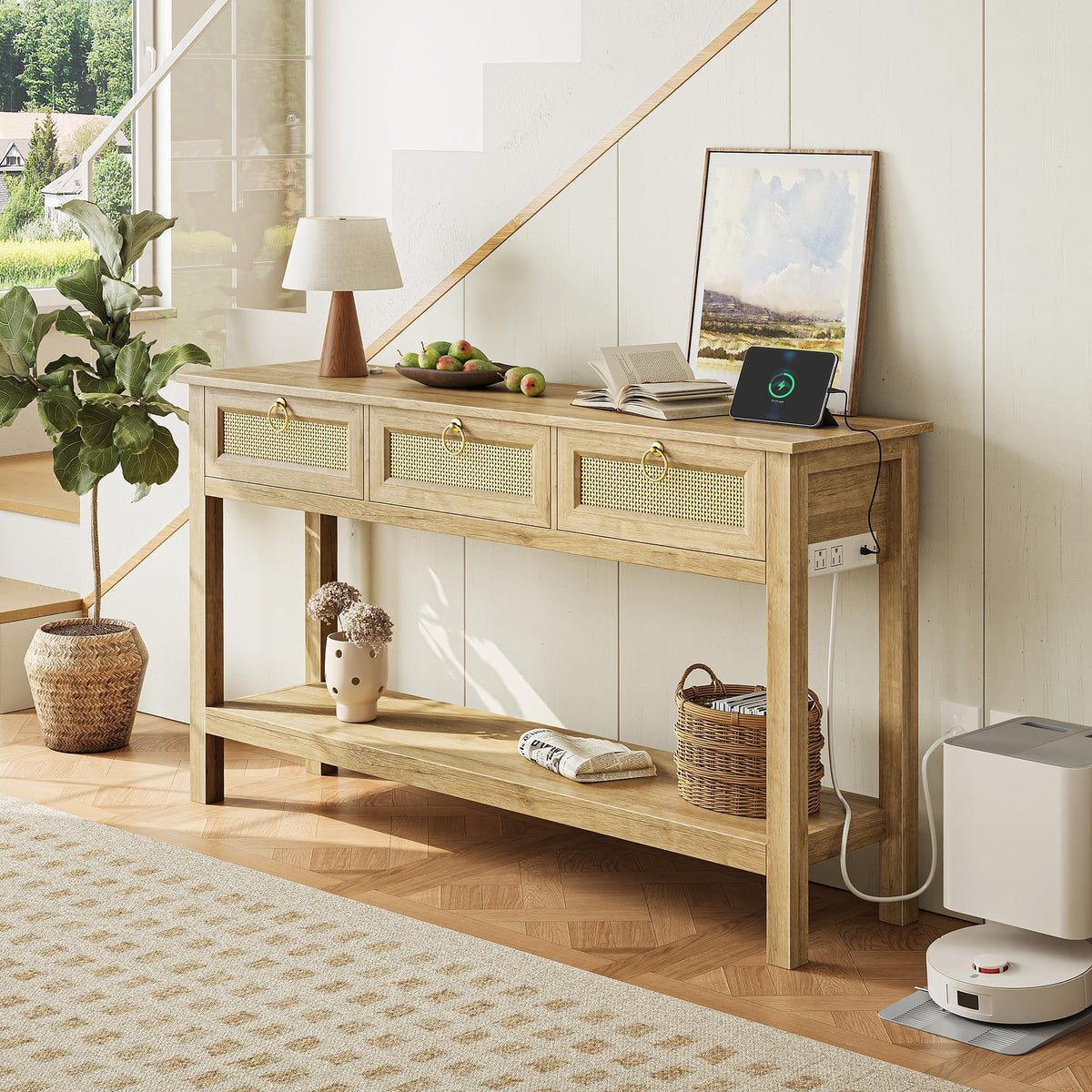 Rattan Console Sofa Table with Outlets and 3 Drawers X6614