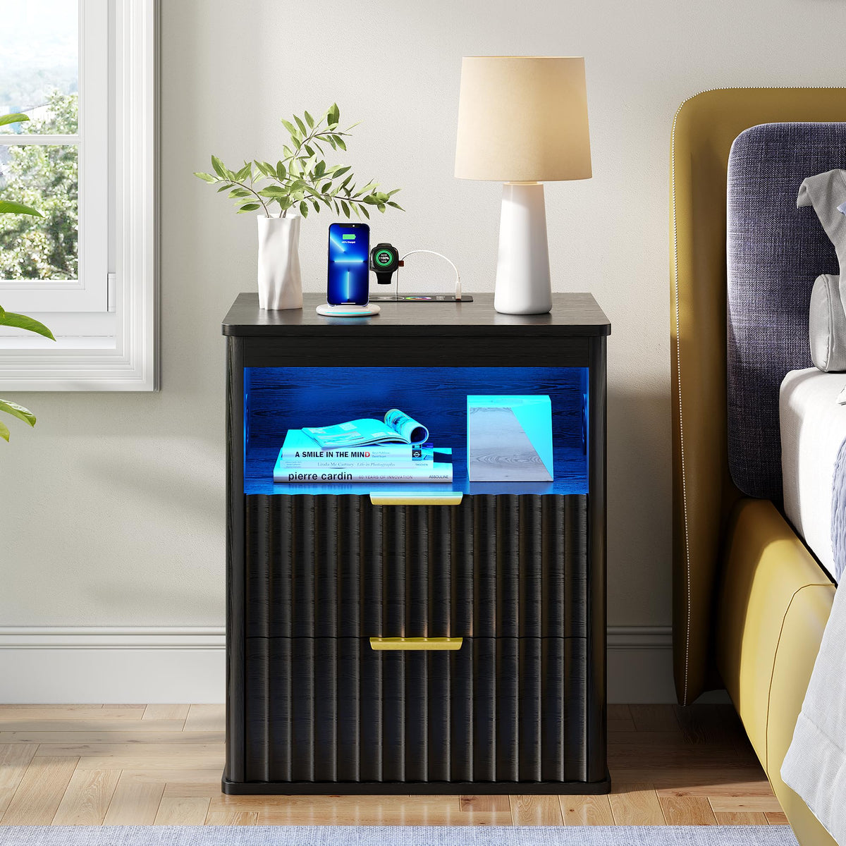 Black Smart Nightstand with Bluetooth Speaker, LED Lights, Wireless Charging, 2 Drawers & Open Shelf O10614