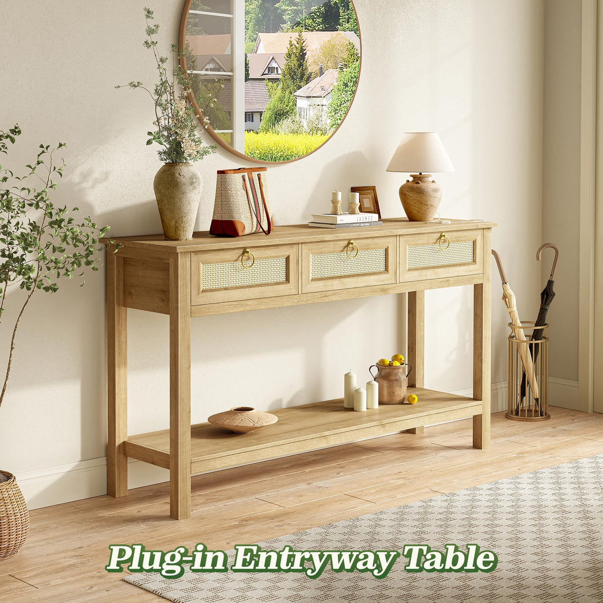 Rattan Console Sofa Table with Outlets and 3 Drawers X6614