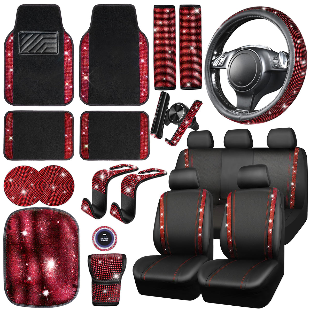 23 Pcs Bling Diamond Car Accessories Set Red R920