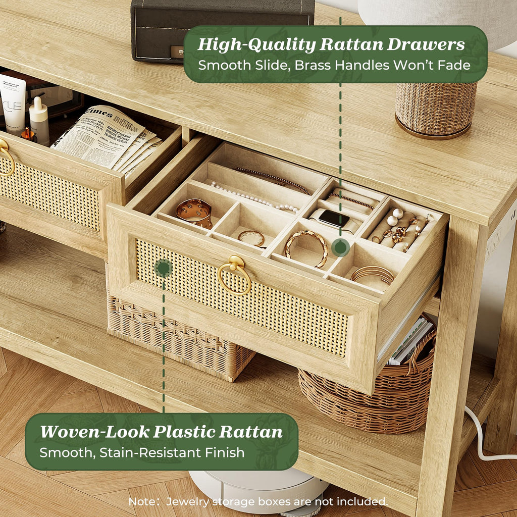 Rattan Console Sofa Table with Outlets and 3 Drawers X6614